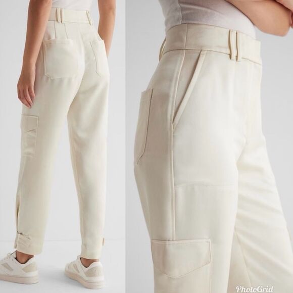 Express White Cream Super High Waisted Satin Cargo Ankle Pants - Picture 2 of 11